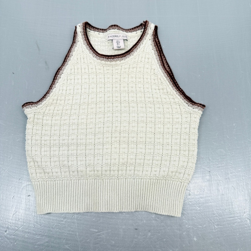 Sincerely Jules Women Cream‎ Grid Knit Tank Top Brown Trim ST21166 Small